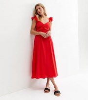 New Look Red Textured Frill Open Back Midi Dress